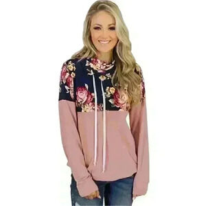 Cowl neck floral print sweater. Light pink and navy blue
